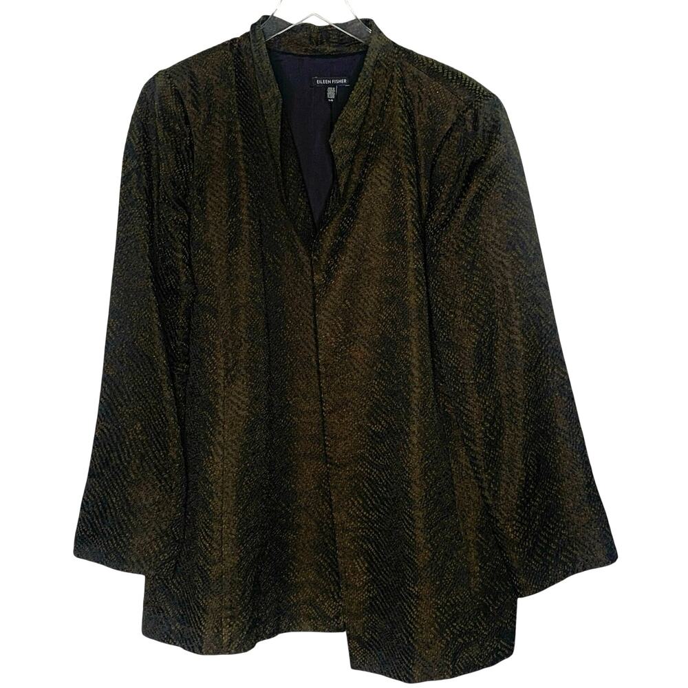 Eileen Fisher Silk Blend Jacquard Wave Jacket L Dark Brown Country Club